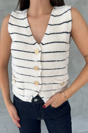 Ekru Lacivert Çizgili Gold Düğme Triko Yelek SY-2666-Ekru