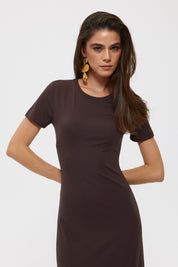 Koyu Kahve Basıc Uzun Elbise SY-2392-Koyu Kahve