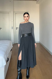 Antrasit Midi Boy Kemerli Piliseli Etek SY-2965-Antrasit