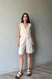 Taş Pile Detaylı Keten Şort SY-2095-Taş