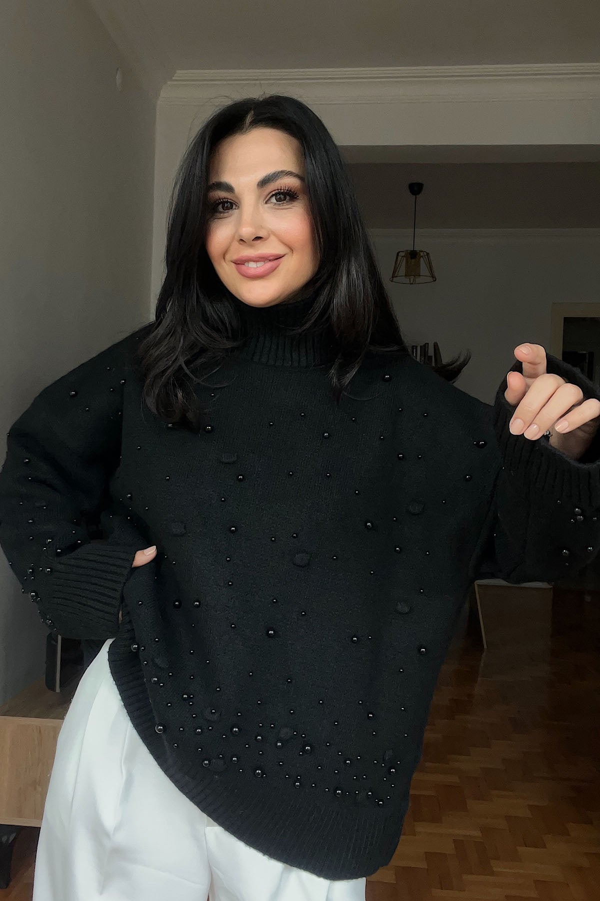 Siyah İnci Detaylı Yarım Balıkçı Triko Kazak SY-2741-Siyah