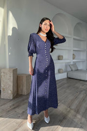 Lacivert Puantiyeli Arka Bel ve Kol Ucu Gipeli Elbise SY-1727-Lacivert