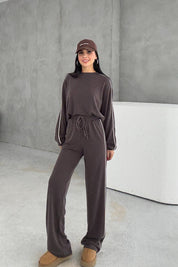 Orjinal Marka Bisiklet Yaka Çizgili Eşofman Takımı - Kahverengi SY-3421-Kahverengi