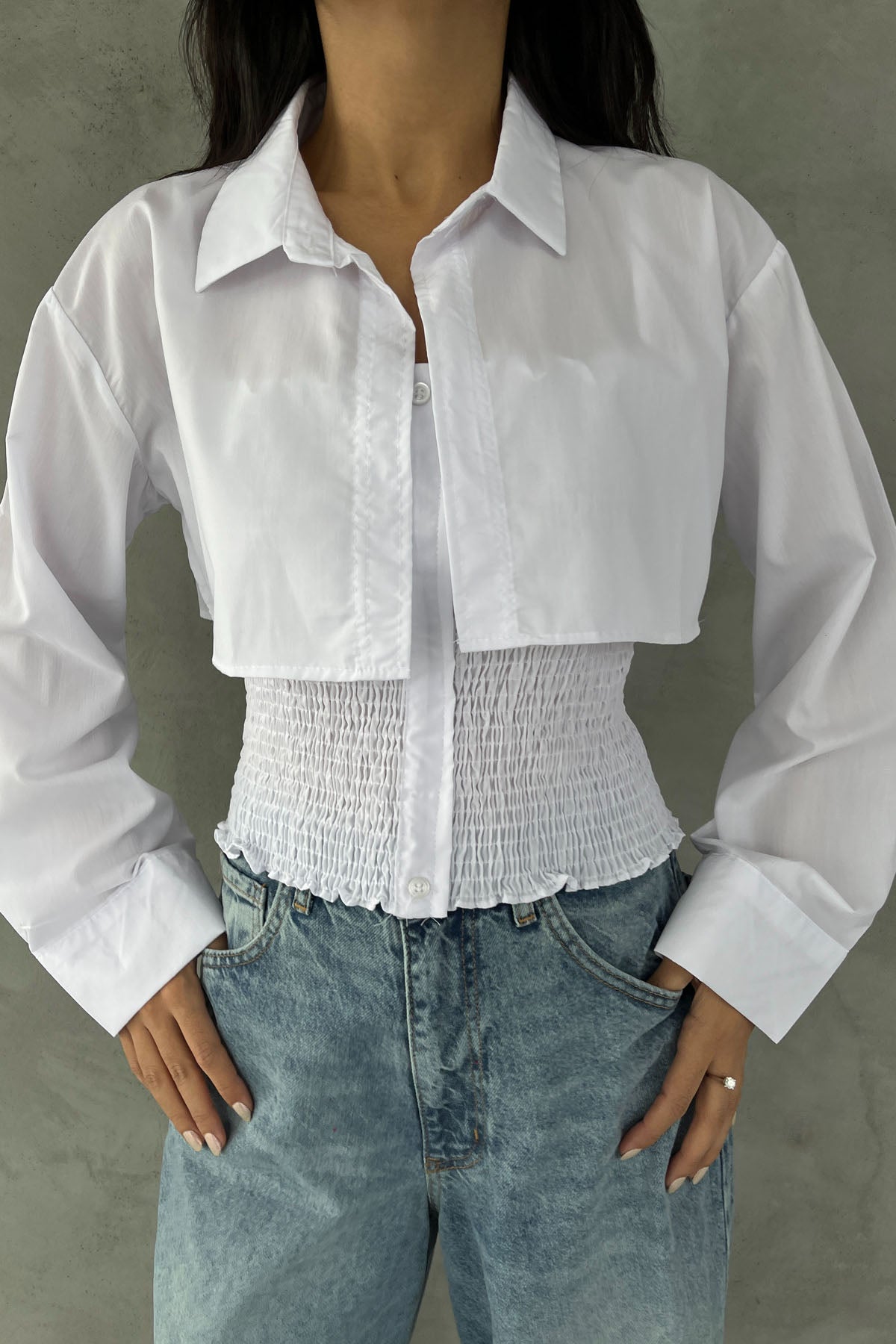 Beyaz Gipeli Crop Gömlek Poplin Takım SY-2466-Beyaz