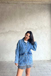 Mavi Taşlı Büyük Cep Detaylı Kot Ceket SY-2404-Mavi Kot