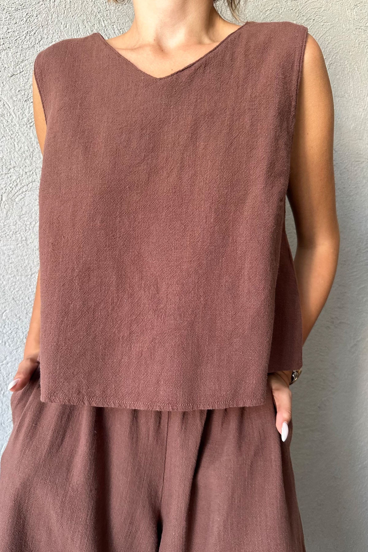Acı Kahve Keten Bluz ve Beli Lastikli Pantolon Takım SY-0766-Acı Kahve