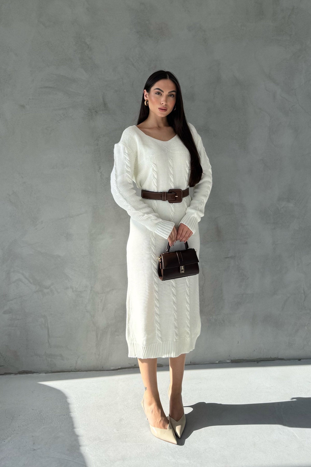 Ekru V Yaka Örgü Triko Elbise SY-2833-Ekru