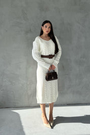 Ekru V Yaka Örgü Triko Elbise SY-2833-Ekru