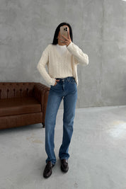 V Yaka Saç Örgü Krem Triko Kazak SY-3407-Krem