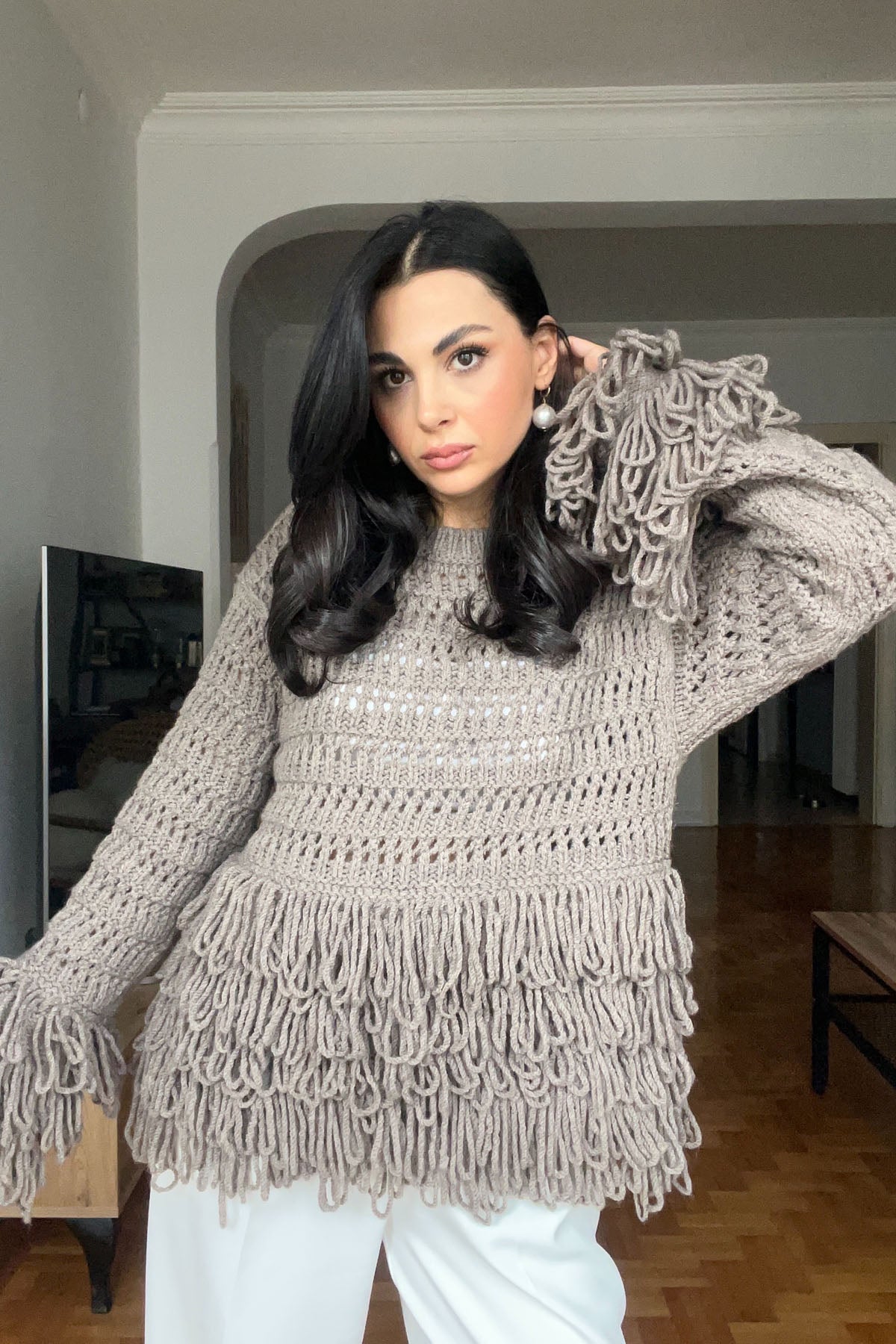 Vizon Örme Triko Püsküllü Kazak SY-2748-Vizon