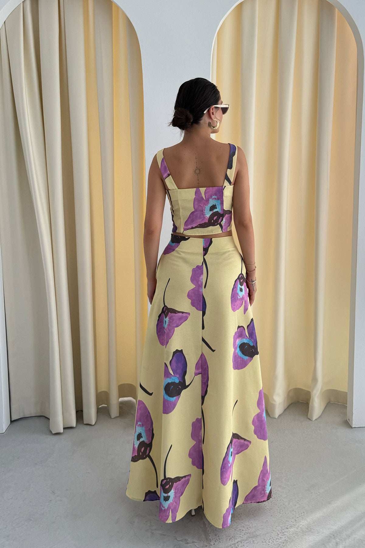 Renkli Çicek Desenli Keten Crop Etek Takım SY-3304-Renkli