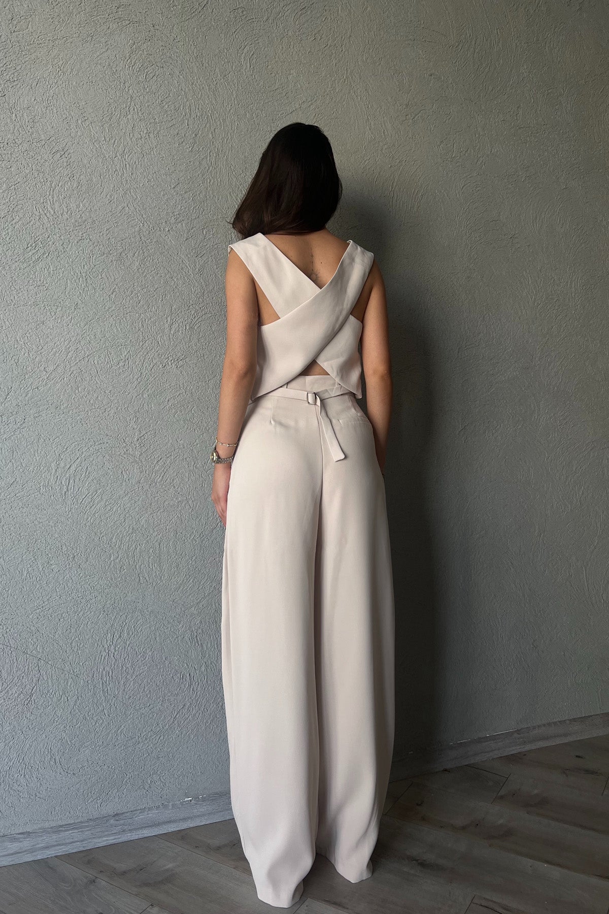 Bej Sırt Detaylı Yelek Palazzo Pantolon Takım SY-2250-Bej