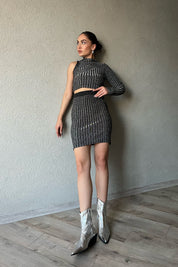 Gri Pırıltılı Tek Kollu Crop Üst ve Belden Lastikli Etek Takım SY-1283-Gri