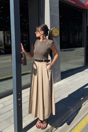 Kahve Eteği Pileli Kemerli Elbise SY-3331-Kahve