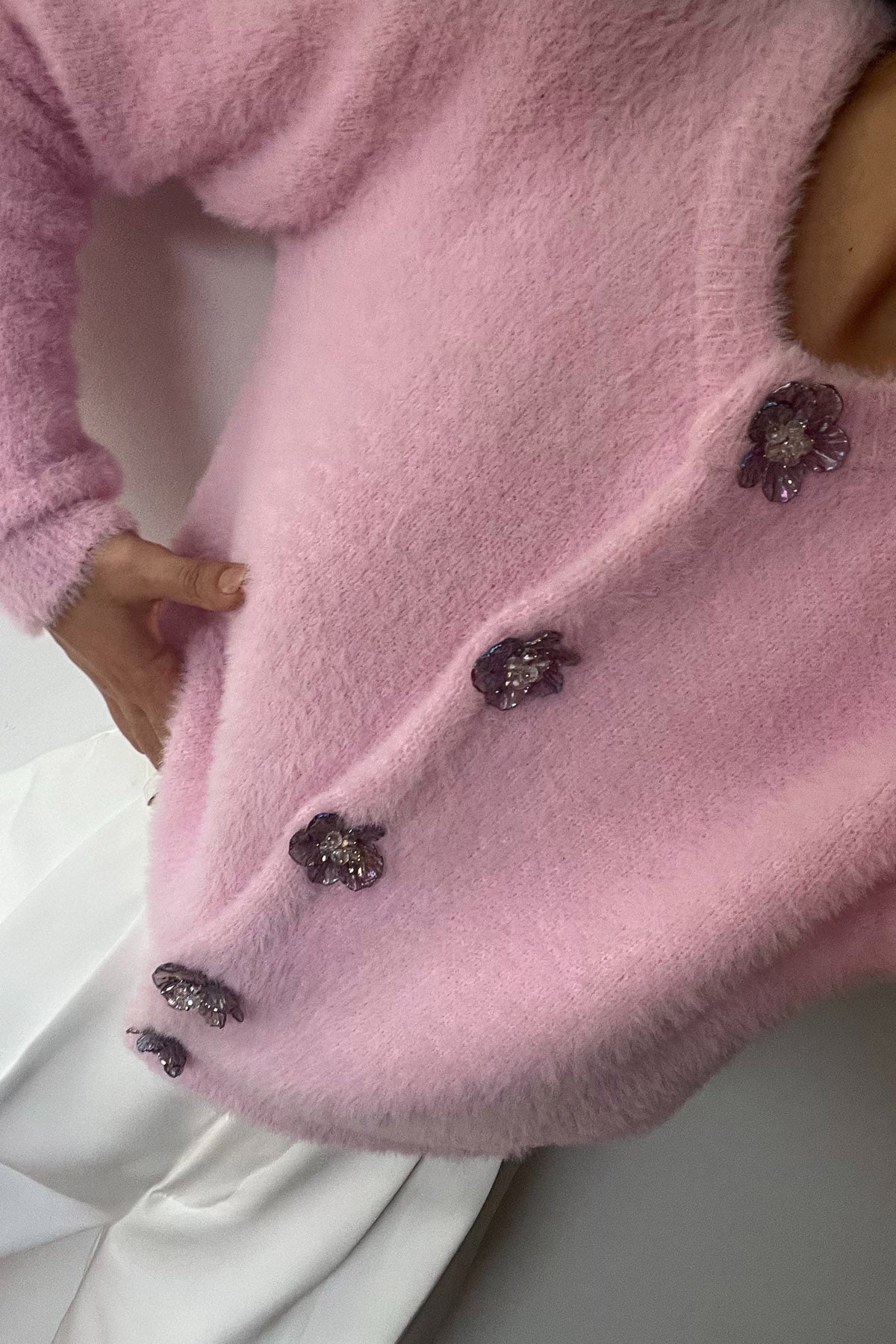 Pembe Çiçek Çıtçıtlı Yumoş Hırka SY-2836-Pembe