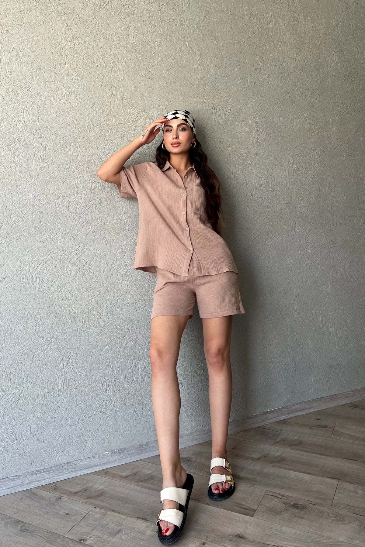 Vizon Kısa Kol Gömlek Şort Müslin Takım SY-2118-Vizon