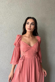 Gül Kurusu Düşük Kol Balenli  Gofre Kumaş Uzun Elbise SY-1779-Gül Kurusu