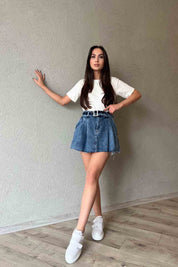 Mavi Pile Detaylı Cool Denim Etek SY-1887-Mavi