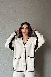 Krem Siyah Gold Düğme Detaylı Cepli İntersiye Hırka SY-1346-Krem