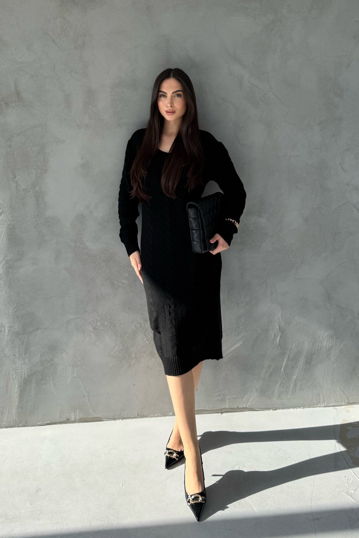 Siyah V Yaka Örgü Triko Elbise SY-2833-Siyah