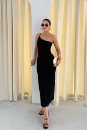 Siyah Tek Omuz Midi Boy Elbise SY-3300-Siyah