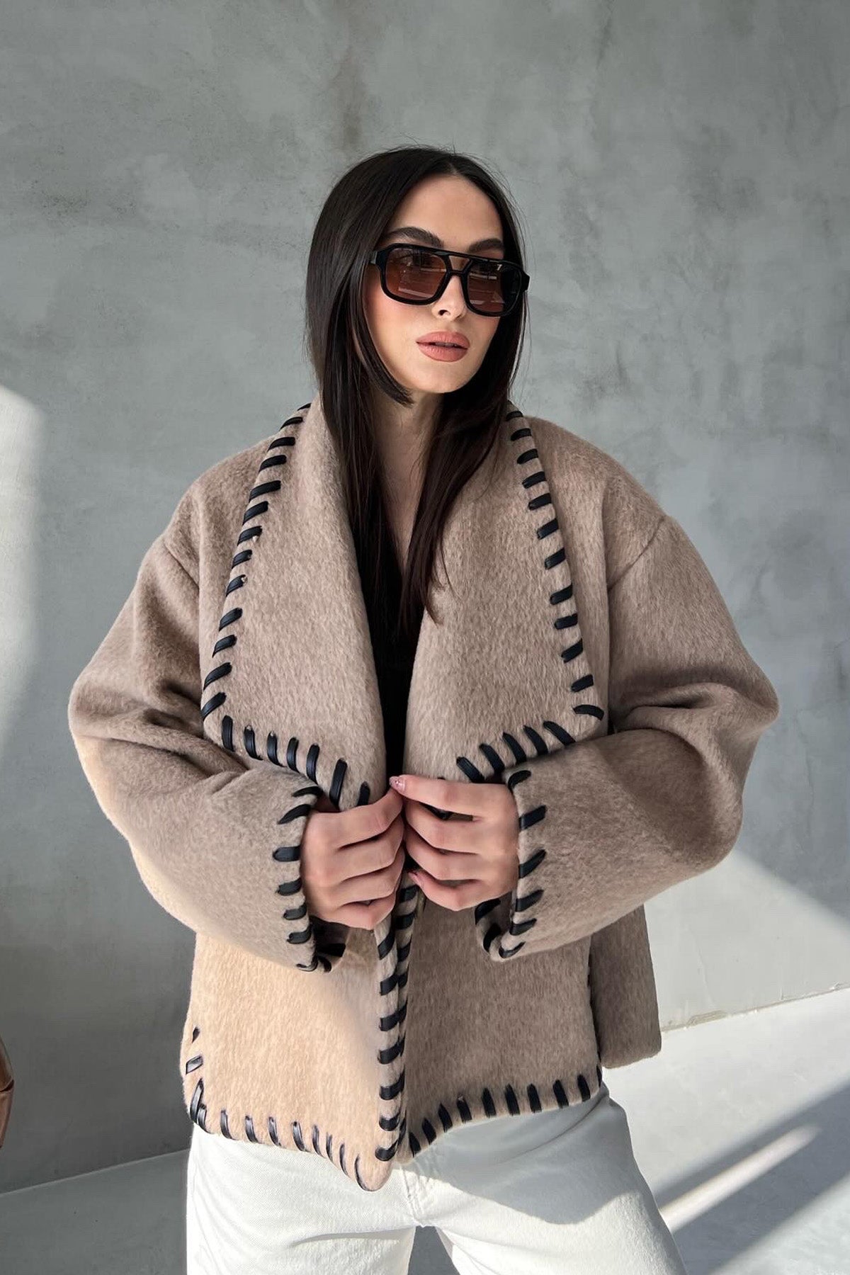 Bej Tasarım Kaşe Ceket Kaban SY-2720-Bej