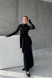 Siyah Fitilli Bağlama Detaylı Triko Elbise SY-2526-Siyah