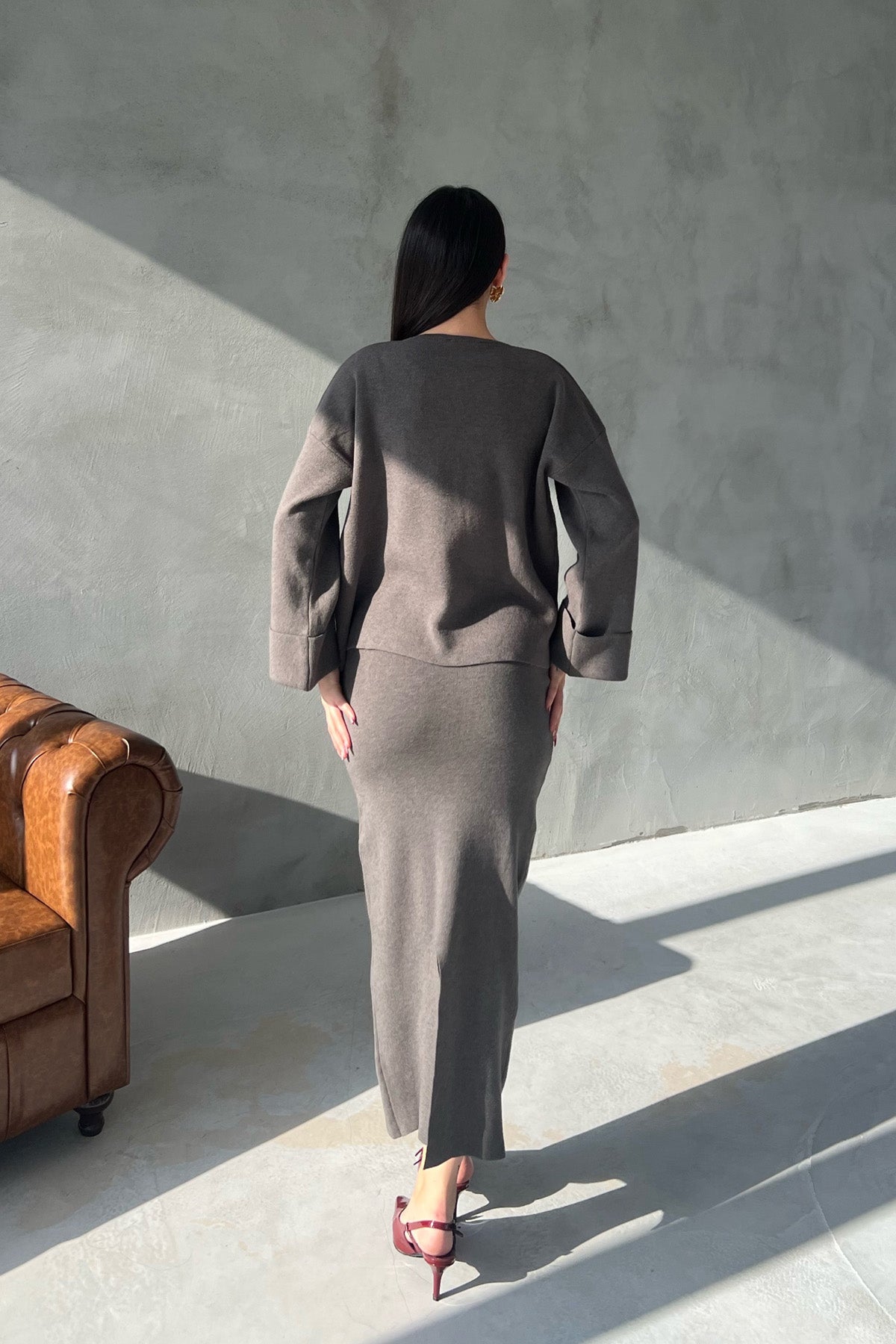 Antrasit Tasarım Triko Hırka Bluz Etek Takım SY-2432-Antrasit