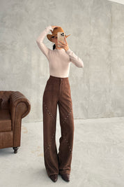 Kahve Süet Zımba Detaylı Pantolon SY-3357-Kahve