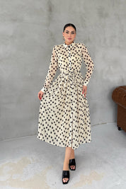 Bej Puantiyeli Gömlek Elbise SY-3050-Bej