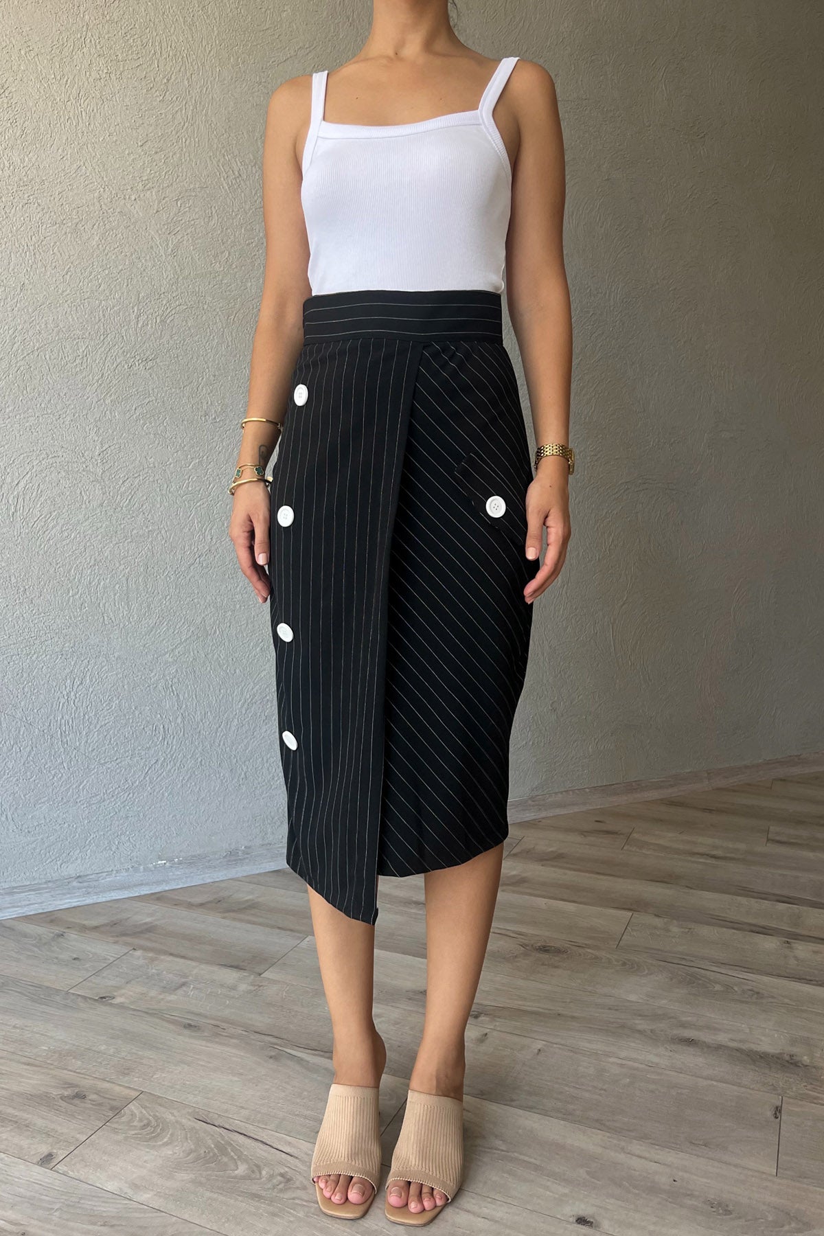 Siyah Çizgili Midi Boy Etek SY-1642-Siyah