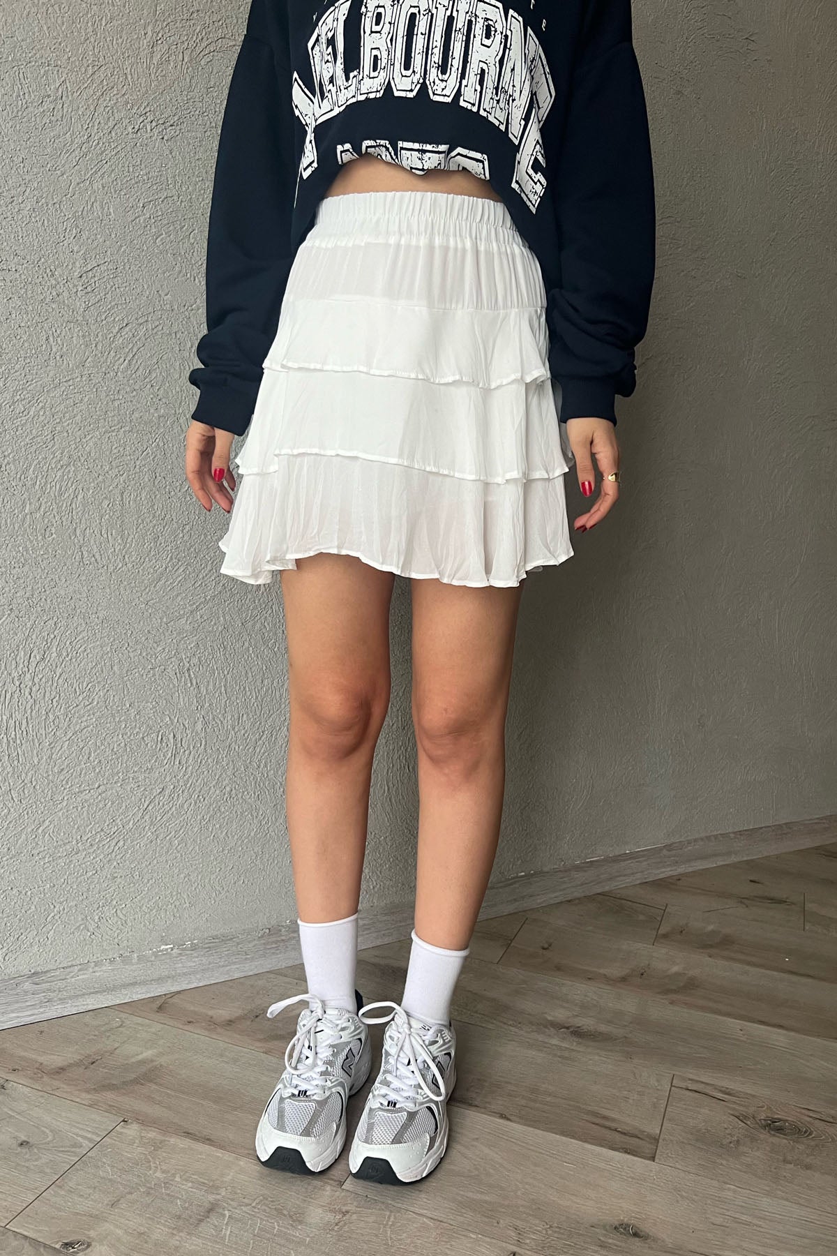 Beyaz Fırfır Detaylı Beli Lastikli Mini Etek SY-1769-Beyaz