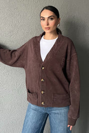 Kahve Logo Detay Yıkamalı Hırka SY-2751-Kahve