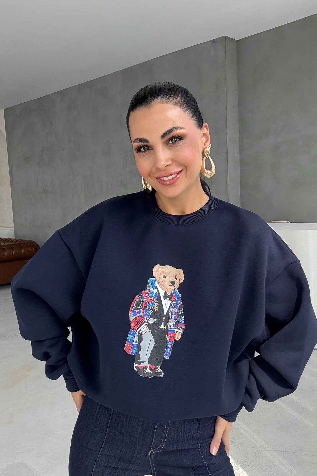 Lacivert Teddy Bear Baskılı Sweatshirt SY-2682-Lacivert