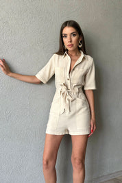 Naturel Düğmeli Kuşaklı Kısa Tulum SY-0563-Naturel