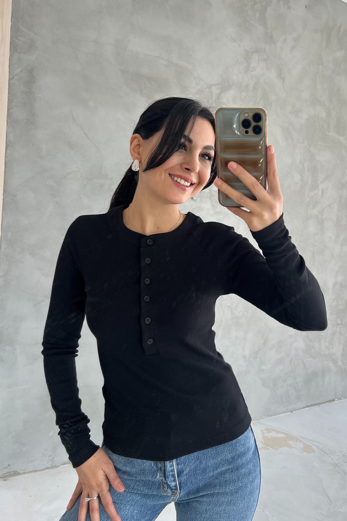 Siyah Fitilli Düğme Detaylı T-shirt SY-2556-Siyah