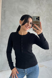 Siyah Fitilli Düğme Detaylı T-shirt SY-2556-Siyah