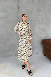 Bej Puantiyeli Gömlek Elbise SY-3050-Bej