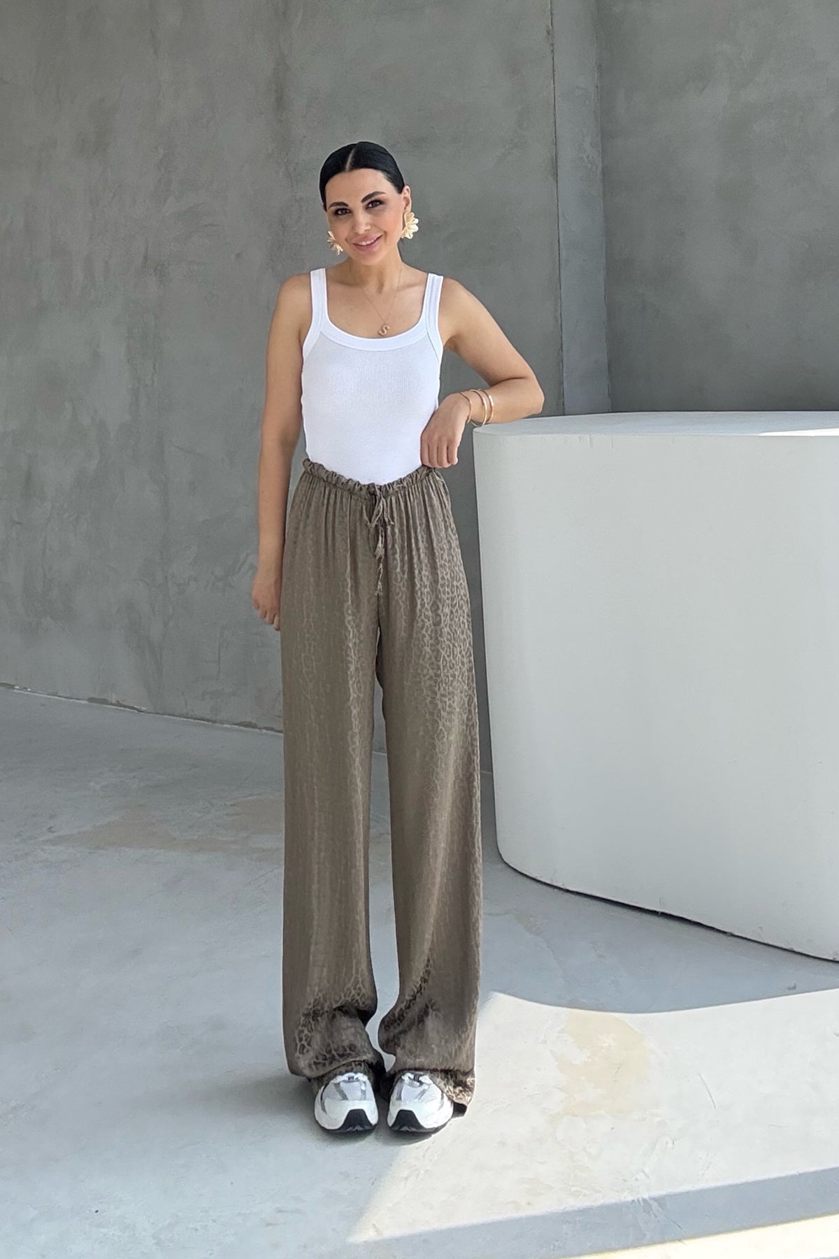 Açık Haki Leopar Desenli Jakarlı Bol Paça Pantolon SY-1686-Açık Haki