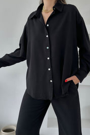 Siyah Belden Pens Dikişli Bol Paça Gömlekli Keten Takım SY-0357-Siyah