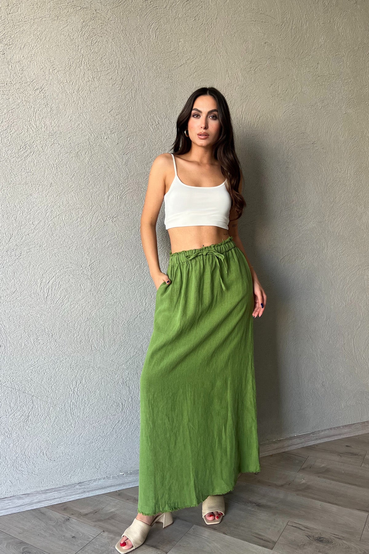 Yeşil Beli Bağlama Detaylı Uzun Keten Etek SY-2154-Yeşil