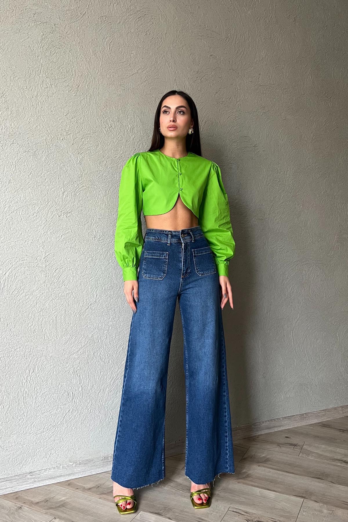 Yeşil Düğme Detaylı Crop Gömlek SY-1856-Yeşil