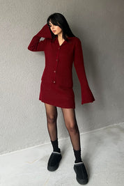 Bordo İspanyol Kol Hırka ve Etek Triko Takım SY-2785-Bordo