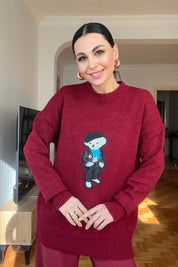 Bordo Teddy Bear Nakışlı Triko Kazak SY-2839-Bordo