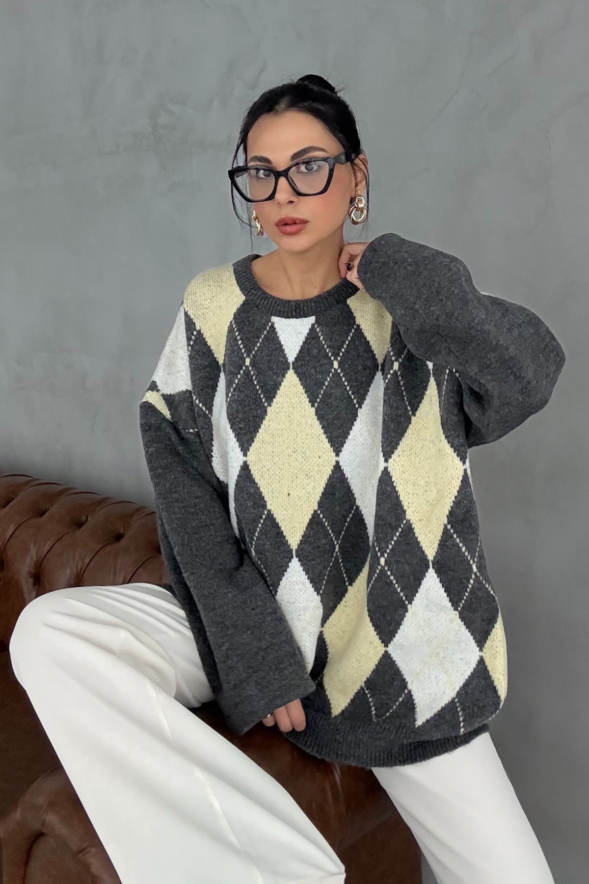 Antrasit ve Sarı Renkli Baklava Desenli Kazak SY-3408-Antrasit