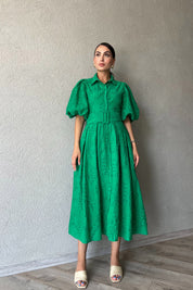 Yeşil Balon Kol Pile Detaylı Kemerli Brode Elbise SY-2084-Yeşil