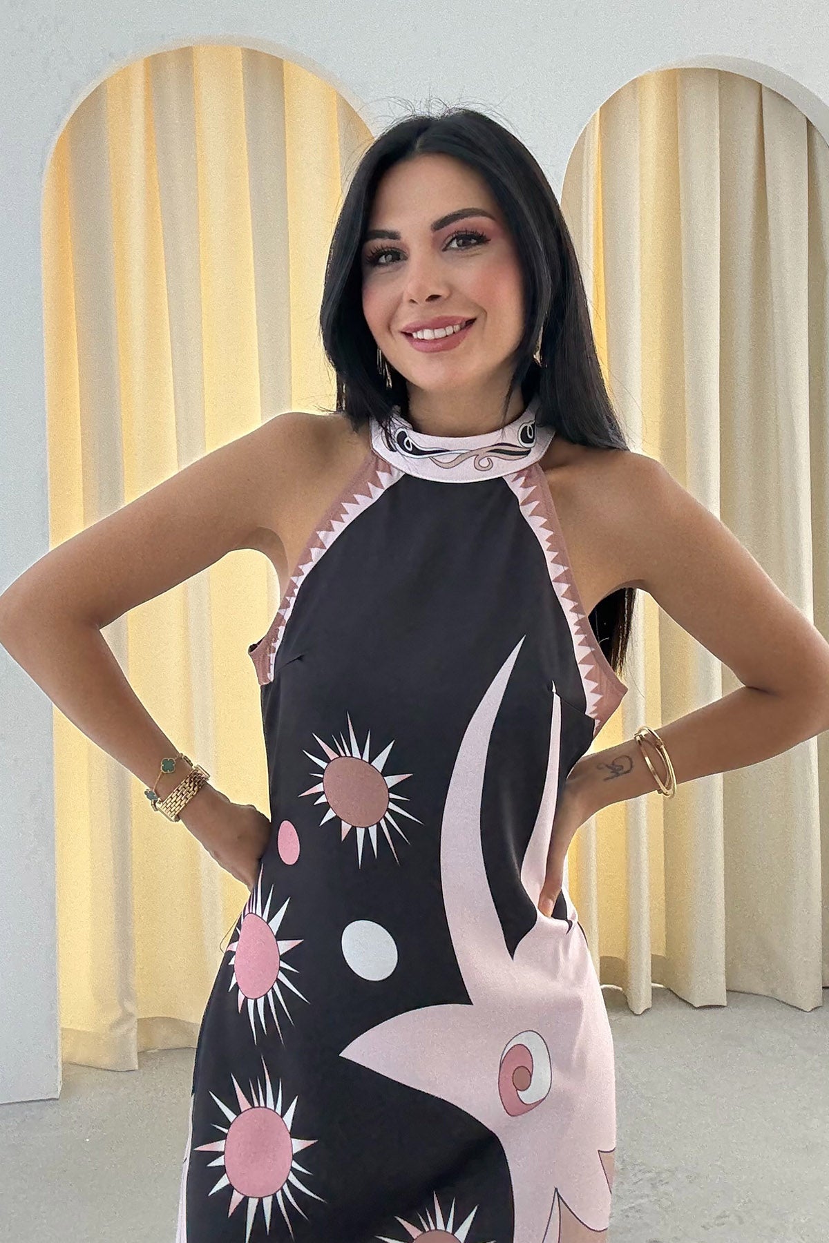 Asimetrik Kesik Halter Yaka Midi Elbise SY-3326