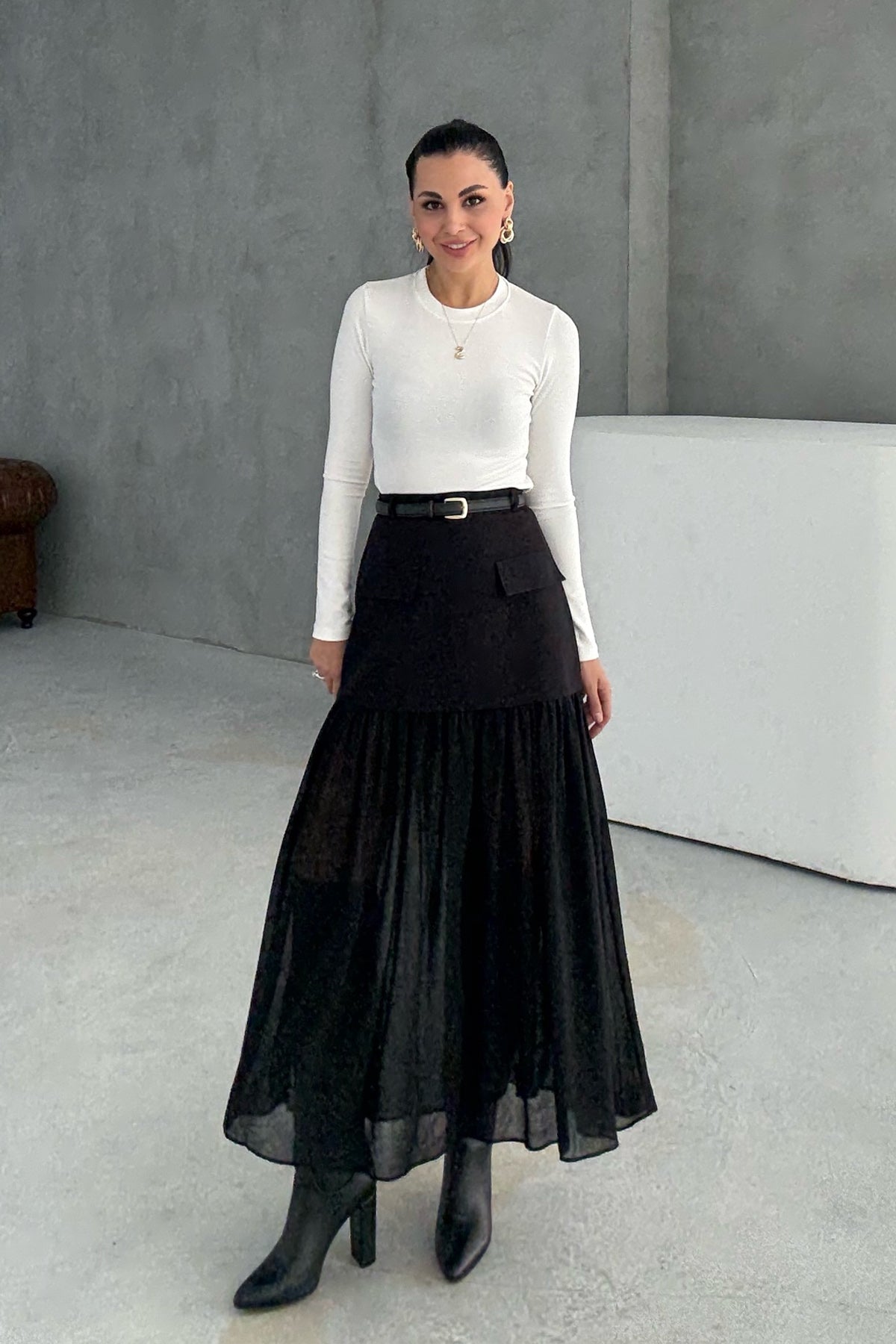 Siyah Tül Garnili Kemerli Midi Etek SY-3394-Siyah