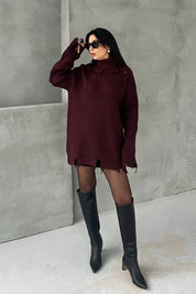 Bordo Yırtık Detaylı Boğazlı Triko Kazak SY-2840-Bordo