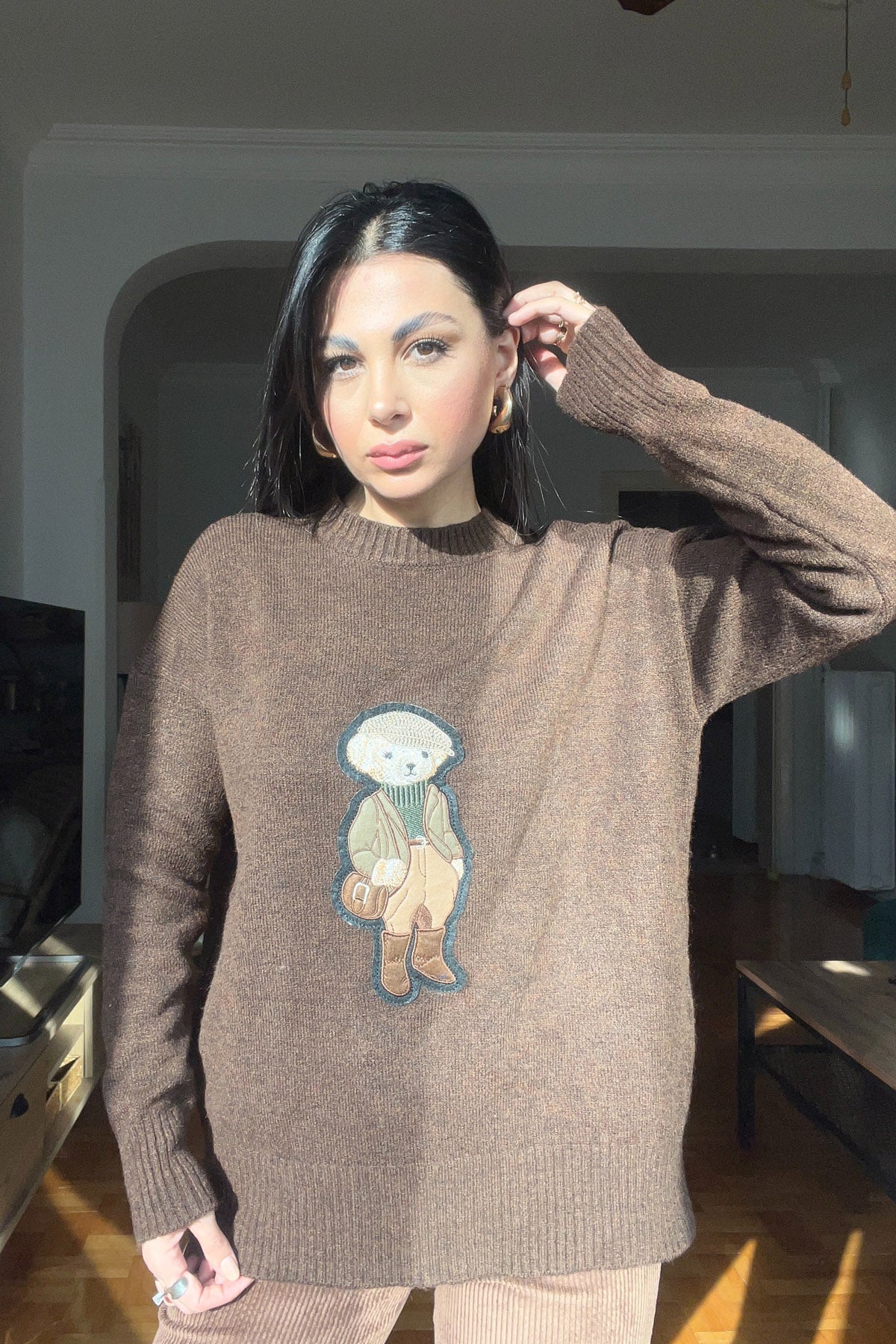 Kahverengi Teddy Bear Nakışlı Triko Kazak SY-2839-Kahverengi